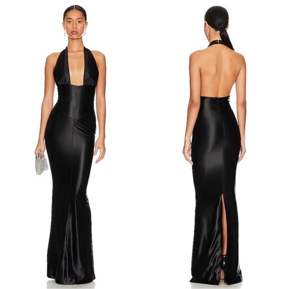 Retrofete Charity Halter Neck Bodycon Black Maxi Gown Size Large - Picture 5 of 15